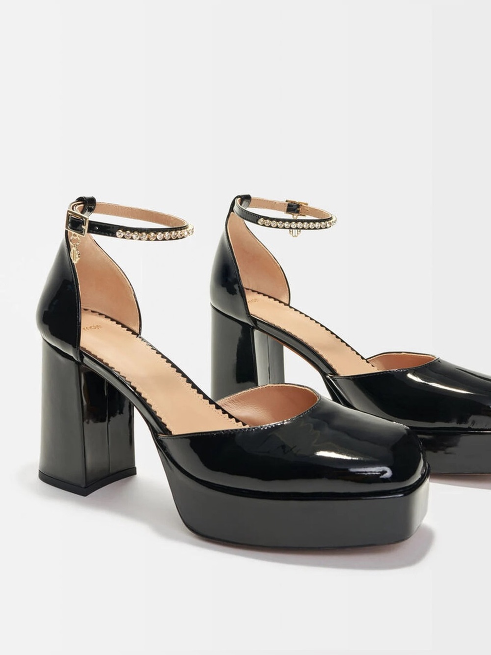 Maje Black Patent Platform Block-Heel Pumps with Crystal Ankle Strap